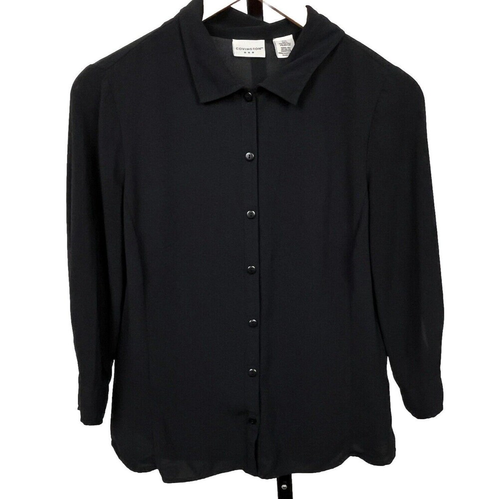 Covington Black Button Up Blouse Small 3/4 Sleeve Lightweight Office Workwear